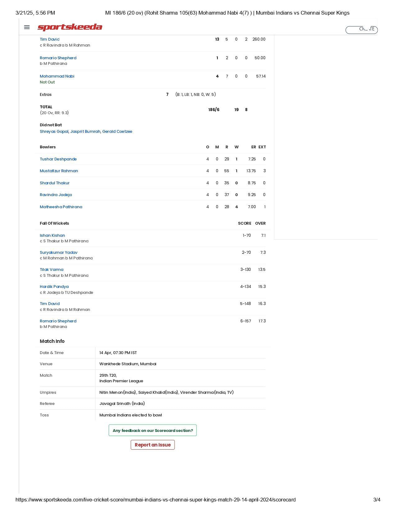 MI vs CSK IPL 2024 scorecard.